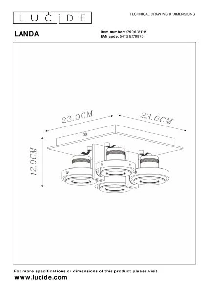 Lucide LANDA - Spot plafond - LED Dim to warm - GU10 - 4x5W 2200K/3000K - Chrome Dépoli - technique